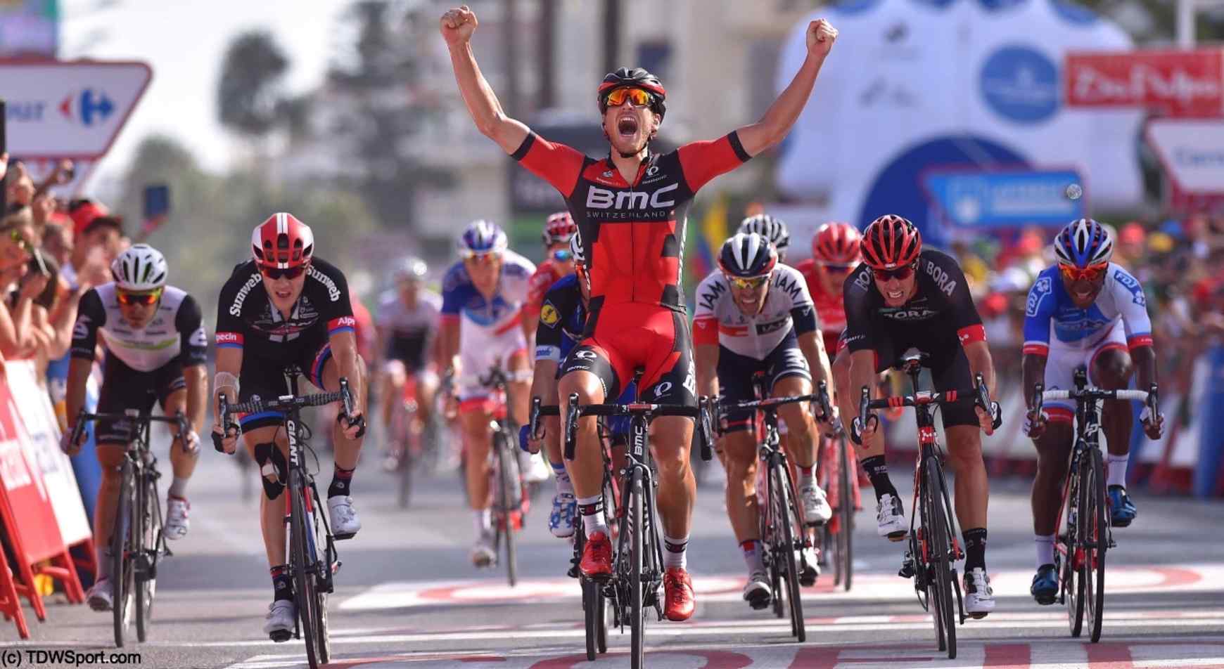 Cycling: 71st Tour of Spain 2016 / Stage 16 Arrival / Jean-Pierre DRUCKER (LUX) Celebration / Rudiger SELIG (GER)/ Nikias ARNDT (GER)/ Jonas VAN GENECHTEN (BEL)/ Lorrenzo MANZIN (FRA)/ Alcaniz - Peniscola (156,4km)/ La Vuelta / © Tim De Waele