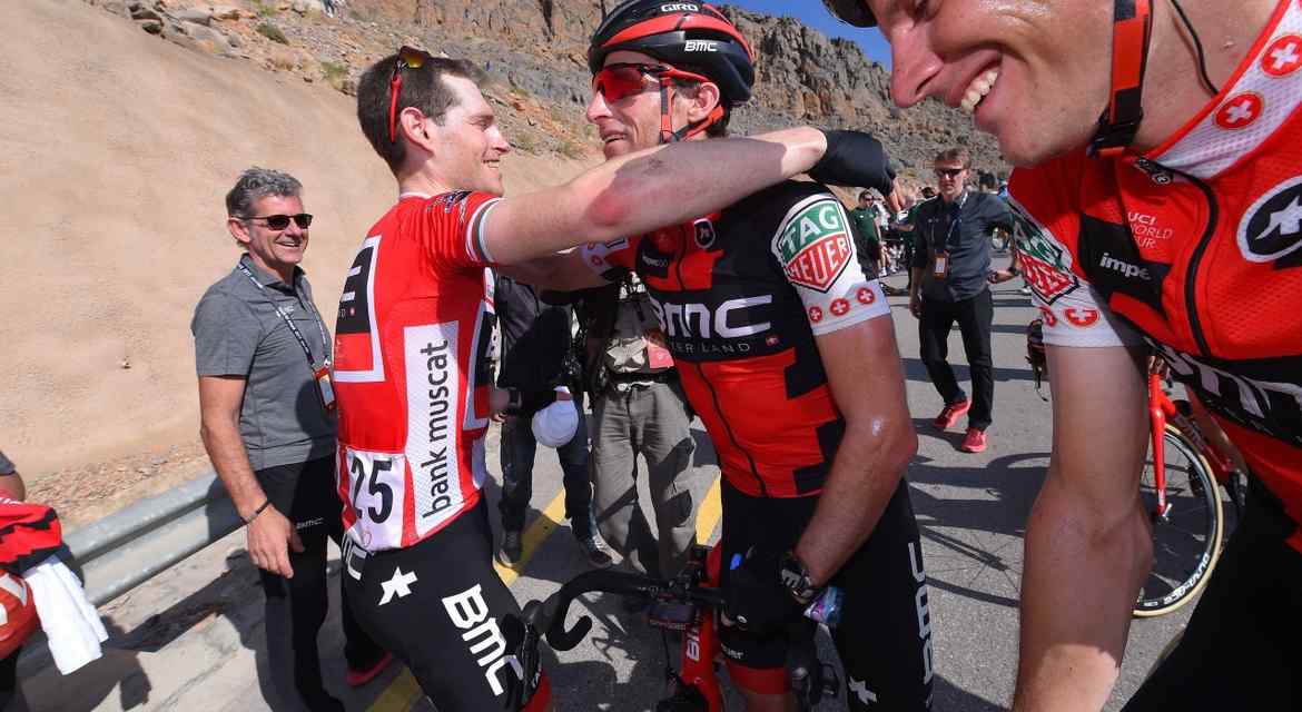Cycling: 8th Tour of Oman 2017 / Stage 5 Arrival / Ben HERMANS (BEL) Red Leader Jersey/ Celebration / Martin ELMIGER (SUI)/ Michael SCHAR (SUI)/ Sama il - Jabal Al Akhdhar-Green Mountain 1235m(152km) / © Tim De Waele
